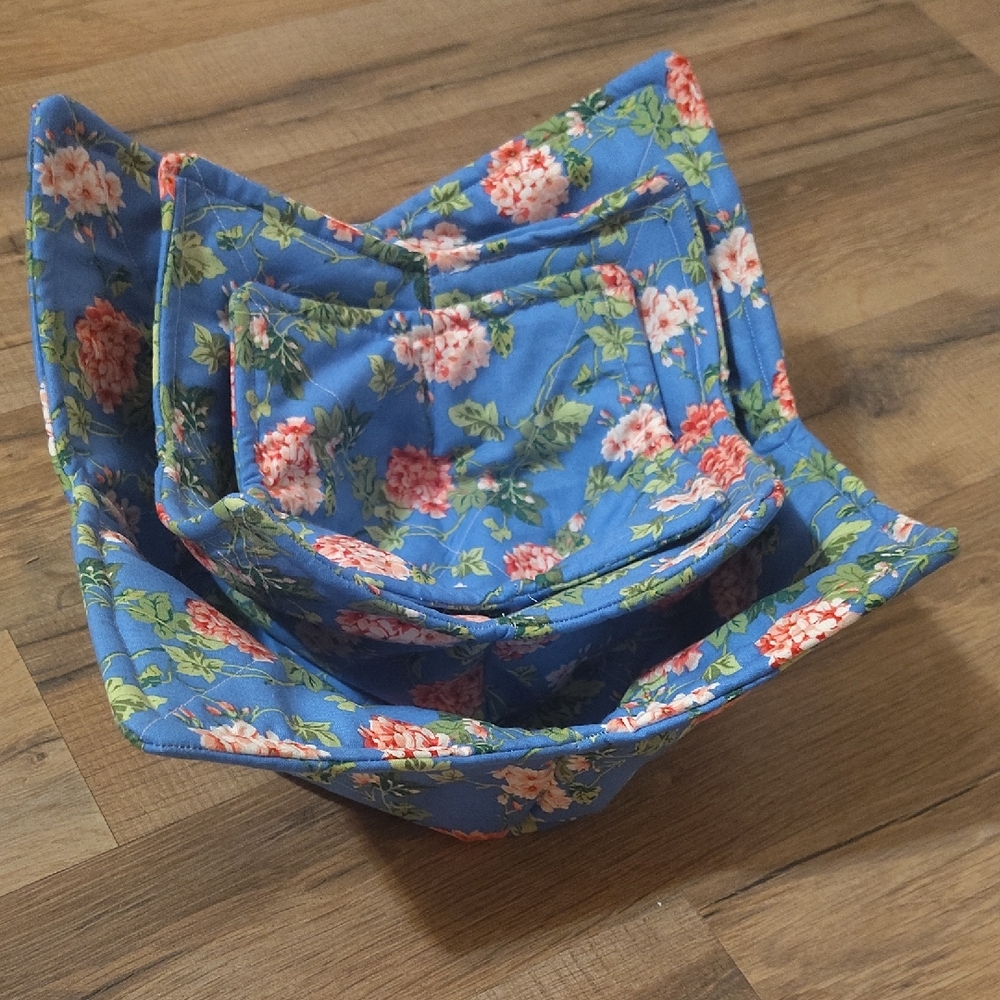 Blue Floral Quilted Fabric Bowl Liners - Set of 3